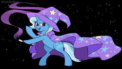 Size: 1024x582 | Tagged: safe, artist:cadetredshirt, trixie, pony, unicorn, g4, cape, clothes, female, hat, horn, looking at camera, looking at you, magic, magic wand, mare, simple background, smiling, solo, standing, standing up, stars, trixie's hat