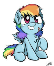 Size: 985x1204 | Tagged: safe, artist:natsu714, rainbow dash, pegasus, pony, g4, bandaid, chest fluff, cute, dashabetes, ear fluff, eye clipping through hair, female, filly, filly rainbow dash, simple background, sitting, smiling, solo, transparent background, younger