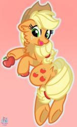 Size: 695x1146 | Tagged: safe, artist:rainbow eevee, applejack, earth pony, pony, g4, apple, applejack's hat, cowboy hat, female, food, freckles, gradient background, hat, hoof hold, simple background, solo
