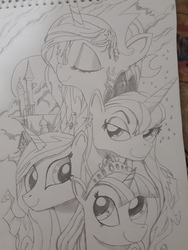 Size: 4128x3096 | Tagged: safe, artist:andy price, artist:tuxrap, princess cadance, princess celestia, princess luna, twilight sparkle, alicorn, pony, g4, alicorn tetrarchy, smiling, smirk, traditional art, twilight sparkle (alicorn)