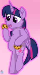 Size: 622x1154 | Tagged: safe, artist:rainbow eevee, twilight sparkle, alicorn, pony, g4, bipedal, chest fluff, cookie, cute, female, food, gradient background, hoof hold, simple background, solo, twiabetes, twilight sparkle (alicorn)