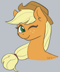Size: 787x938 | Tagged: safe, artist:cadetredshirt, derpibooru exclusive, applejack, earth pony, pony, g4, bust, colored, digital art, female, flat colors, fluffy, freckles, green eyes, hat, long mane, looking at camera, looking at you, mare, one eye closed, simple background, sketch, smiling, solo, wink