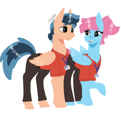 Size: 2716x2834 | Tagged: safe, artist:livzkat, oc, oc only, oc:dipper, oc:walshy, pegasus, pony, clothes, duo, female, high res, lanyard, male, mare, simple background, stallion, uniform, white background