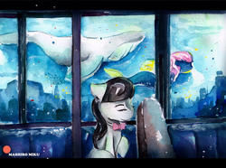 Size: 3245x2409 | Tagged: safe, artist:mashiromiku, octavia melody, oc, oc:valkrim, earth pony, pony, seapony (g4), whale, g4, cello case, high res, patreon, patreon logo, traditional art, underwater, watercolor painting, window