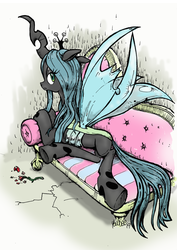 Size: 848x1200 | Tagged: safe, artist:yewdee, queen chrysalis, changeling, changeling queen, g4, changelings in the comments, couch, crack, draw me like one of your french girls, fainting couch, female, flower, lidded eyes, looking at you, looking back, looking back at you, rose, simple background, solo, traditional art