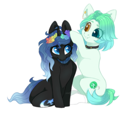 Size: 1100x978 | Tagged: safe, artist:shady-bush, oc, oc only, oc:candes, oc:cassiopeia, earth pony, pony, unicorn, ambiguous gender, female, floral head wreath, flower, heterochromia, mare, simple background, transparent background
