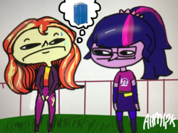 Size: 2048x1536 | Tagged: safe, artist:artmlpk, sci-twi, sunset shimmer, twilight sparkle, equestria girls, g4, my little pony equestria girls: better together, bathroom, bathroom line, despicable me, duo, faic, female, find the computer room, funny, glasses, hilarious, hilarious in hindsight, male, op is a duck, op is trying to start shit, op is trying to start shit so badly that it's kinda funny, photo, potty time, request, requested art, shadow the hedgehog (game), shitposting, signature, sonic the hedgehog, sonic the hedgehog (series), stare, thought bubble, vector the crocodile