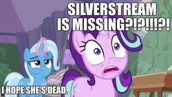 Size: 1920x1080 | Tagged: safe, edit, edited screencap, screencap, silverstream, starlight glimmer, trixie, pony, unicorn, g4, student counsel, abuse, caption, duo, eating, exclamation point, female, glowing horn, horn, image macro, implied silverstream, interrobang, magic, magic aura, mare, meme, question mark, shocked, starlight glimmer is best facemaker, streambuse, telekinesis, text, unimpressed