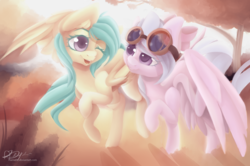 Size: 3350x2218 | Tagged: safe, artist:hamatte, flitter, oc, oc:mango foalix, pegasus, pony, g4, duo, duo female, female, goggles, high res, mare, one eye closed, spread wings, wings