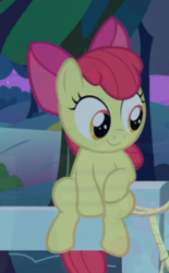 Size: 419x677 | Tagged: safe, screencap, apple bloom, earth pony, pony, g4, going to seed, adorabloom, cropped, cute, female, fence, filly, foal, sitting, smiling, solo
