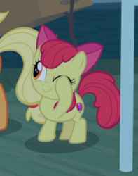 Size: 430x546 | Tagged: safe, screencap, apple bloom, applejack, earth pony, pony, g4, going to seed, adorabloom, cropped, cute, female, filly, foal, offscreen character, one eye closed, pinkie promise, smiling