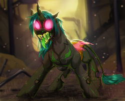 Size: 848x682 | Tagged: safe, artist:dolorosacake, oc, oc only, changeling, changeling oc, digital art, forest, glowing eyes, open mouth, scenery, solo, tongue out, ych result