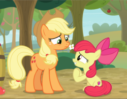 Size: 1207x940 | Tagged: safe, screencap, apple bloom, applejack, earth pony, pony, g4, going to seed, apple sisters, cropped, duo, female, filly, foal, hooves together, mare, pleading, siblings, sisters, sitting
