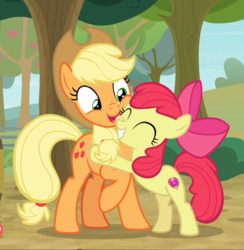 Size: 916x937 | Tagged: safe, screencap, apple bloom, applejack, earth pony, pony, g4, going to seed, adorabloom, apple sisters, cheek squish, cropped, cute, duo, eyes closed, female, filly, foal, hug, jackabetes, mare, open mouth, raised hoof, siblings, sisters, smiling, squishy cheeks