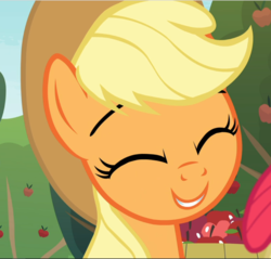 Size: 983x941 | Tagged: safe, screencap, apple bloom, applejack, earth pony, pony, g4, going to seed, close-up, cropped, cute, eyes closed, female, jackabetes, mare, offscreen character, smiling