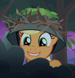 Size: 868x901 | Tagged: safe, screencap, applejack, earth pony, pony, g4, going to seed, bush, cropped, cute, female, hat, hiding, jackabetes, lip bite, mare, smiling, solo