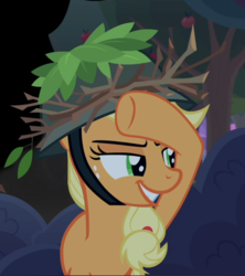 Size: 806x909 | Tagged: safe, screencap, applejack, earth pony, pony, g4, going to seed, cropped, female, freckles, hat, mare, narrowed eyes, raised hoof, smiling, smirk, solo