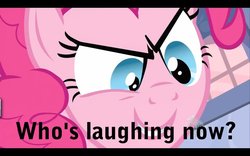 Size: 1000x625 | Tagged: safe, edit, edited screencap, screencap, pinkie pie, earth pony, pony, baby cakes, g4, caption, schadenfreude, smiling, smirk, solo, stare, the stare, who's laughing now