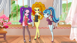 Size: 1920x1080 | Tagged: safe, alternate version, artist:charliexe-edits, edit, adagio dazzle, aria blaze, sonata dusk, equestria girls, g4, rainbow rocks, adoragio, adorasexy, ariabetes, cheongsam, clothes, cute, dress, female, flats, hand fan, indoors, legs, looking at you, one eye closed, pigtails, ponytail, schrödinger's pantsu, sexy, shoes, smiling, sonatabetes, stockings, the dazzlings, thigh highs, trio, twintails, wallpaper, wallpaper edit, wink, zettai ryouiki