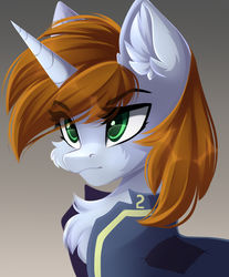 Size: 1920x2316 | Tagged: safe, artist:airiniblock, oc, oc only, oc:littlepip, pony, unicorn, fallout equestria, rcf community, bust, chest fluff, clothes, commission, ear fluff, fanfic, fanfic art, female, gradient background, high res, horn, jumpsuit, long horn, mare, solo, unicorn oc, vault suit