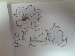 Size: 2576x1932 | Tagged: safe, artist:post-it, pinkie pie, earth pony, pony, g4, female, ink drawing, lidded eyes, lying down, mare, monochrome, simple background, sketch, smiling, solo, traditional art, unshorn fetlocks, white background