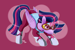 Size: 1800x1200 | Tagged: safe, artist:endertony, twilight sparkle, alicorn, pony, g4, abstract background, alternate hairstyle, clothes, face down ass up, female, glowing horn, horn, magic, magic aura, masked matter-horn costume, power ponies, solo, twilight sparkle (alicorn)