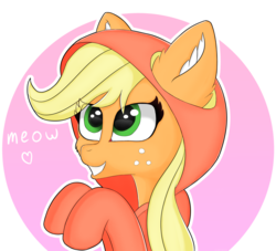 Size: 3179x2887 | Tagged: safe, artist:luntikius, applejack, earth pony, pony, g4, abstract background, applecat, bust, cheek fluff, clothes, cute, ear fluff, eye clipping through hair, female, heart, high res, hoodie, jackabetes, meow, portrait, smiling, solo