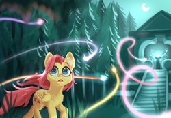 Size: 4000x2766 | Tagged: safe, artist:candygold, fluttershy, pegasus, pony, g4, amazed, chest fluff, cute, female, folded wings, forest, implied mane six, lights, looking at something, looking up, mare, mystical, night, open mouth, outdoors, shyabetes, solo, wings, youtube link in the description