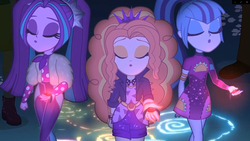 Size: 1920x1080 | Tagged: safe, screencap, adagio dazzle, aria blaze, sonata dusk, equestria girls, find the magic, g4, my little pony equestria girls: better together, adoragio, ariabetes, ascot, beautiful, cute, eyes closed, female, gem, jewelry, pendant, pigtails, ponytail, singing, siren gem, sonatabetes, taco dress, the dazzlings, the dazzlings have returned, trio, trio female, twintails