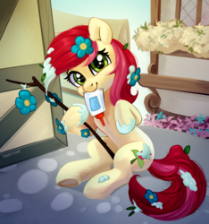 Size: 4048x4328 | Tagged: safe, artist:taneysha, roseluck, earth pony, pony, g4, season 9, student counsel, absurd resolution, cute, female, flowering branch, glue, looking at you, mare, mouth hold, rosabetes, scene interpretation, silly, silly pony, smiling, solo, stick