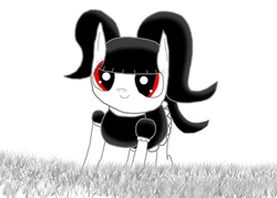 Size: 2100x1500 | Tagged: safe, artist:undeadponysoldier, oc, oc only, oc:foalita, earth pony, pony, adorable face, bangs, black and white, clothes, cute, cute smile, dress, female, filly, goth, gothic lolita, grass, grayscale, lolita fashion, looking at you, maid, monochrome, pigtails, pretty, simple background, smiling, solo, white background