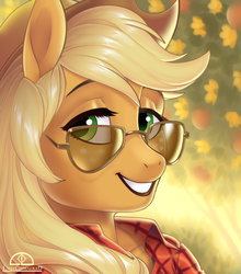 Size: 990x1125 | Tagged: safe, artist:ladychimaera, applejack, earth pony, anthro, g4, apple tree, applejack's hat, bust, clothes, cottagecore, cowboy hat, female, flannel shirt, freckles, grin, hat, looking at you, shirt, smiling, solo, sunglasses, tree