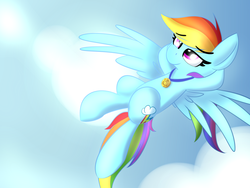 Size: 1600x1200 | Tagged: safe, artist:nevaylin, rainbow dash, pegasus, pony, g4, cloud, female, flying, hooves behind head, lidded eyes, mare, medal, newbie artist training grounds, relaxing, sky, smiling, solo