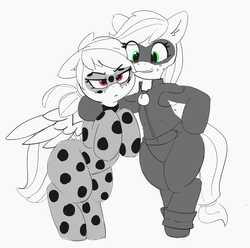 Size: 3583x3554 | Tagged: safe, artist:pabbley, applejack, rainbow dash, earth pony, pegasus, pony, semi-anthro, g4, angry, arm hooves, bipedal, clothes, cosplay, costume, female, floppy ears, freckles, high res, human shoulders, mare, miraculous ladybug, monochrome, partial color, smiling, unamused