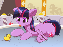 Size: 3446x2570 | Tagged: safe, artist:pabbley, twilight sparkle, alicorn, pony, g4, :p, bath, cute, female, happy, heart, high res, horn, humming, indoors, mare, playing, rubber duck, smiling, solo, spa, tongue out, toy, twiabetes, twilight sparkle (alicorn), water, wet, wet mane, wings