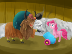 Size: 1600x1200 | Tagged: safe, artist:usager, pinkie pie, oc, oc:jack, earth pony, pony, yak, g4, cannonball, cloven hooves, duo, female, male, mare, party cannon, wrench