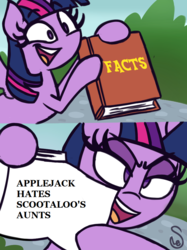 Size: 760x1015 | Tagged: safe, artist:quarium edits, applejack, twilight sparkle, alicorn, pony, g4, my little pony: friendship is magic, the last crusade, 2 panel comic, caption, comic, comments locked down, drama, ed edd n eddy, exploitable meme, glare, implied aunt holiday, implied auntie lofty, meme, mouthpiece, op is a duck, op is on drugs, op is trying to start shit, scootaloo's aunts drama, text, twilight sparkle (alicorn), twilight's fact book