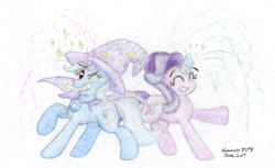 Size: 4210x2575 | Tagged: safe, artist:kirbyliscious, starlight glimmer, trixie, pony, unicorn, g4, duo, duo female, female, grin, mare, raised hoof, smiling, sparkles, traditional art
