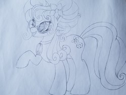 Size: 2016x1512 | Tagged: safe, artist:straighttothepointstudio, petunia petals, earth pony, pony, g4, rainbow roadtrip, black and white, cute, drawing, female, glasses, grayscale, long mane, mare, monochrome, petalbetes, raised hoof, smiling, solo, traditional art