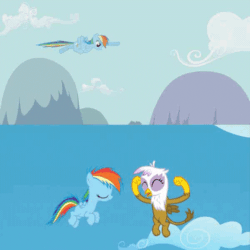 Size: 600x600 | Tagged: safe, screencap, gilda, rainbow dash, griffon, pegasus, pony, g4, griffon the brush off, the lost treasure of griffonstone, animated, chickub, comparison, cute, dancing, female, filly, filly rainbow dash, flying, gif, gildadorable, junior speedsters chant, li'l gilda, mare, smiling, spinning, talking, younger