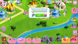 Size: 1280x720 | Tagged: safe, gameloft, applejack, buck withers, flam, hoofer steps, pinkie pie, rarity, sweetie belle, pony, g4, the cutie re-mark, balloon, bits, element of kindness, game screencap, gem, harmony stones, river, sombraverse, stream