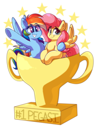 Size: 3393x4481 | Tagged: safe, artist:graphene, fluttershy, rainbow dash, pegasus, pony, g4, atg 2019, cute, dashabetes, duo, female, mare, newbie artist training grounds, shyabetes, smiling, spread wings, stars, trophy, wings