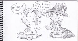 Size: 689x362 | Tagged: safe, artist:lost marbles, fluttershy, trixie, pegasus, pony, unicorn, g4, boasting, duo, duo female, female, grayscale, hypocritical humor, mare, monochrome, newbie artist training grounds, pencil drawing, sitting, traditional art