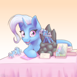 Size: 2000x2000 | Tagged: safe, artist:ohemo, trixie, pony, unicorn, g4, atg 2019, book, convention, cute, figurine, high res, looking at you, mouth hold, narcissism, newbie artist training grounds, open mouth, smiling, sword, table, weapon