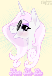Size: 2912x4268 | Tagged: safe, artist:skydiggitydive, fleur-de-lis, pony, unicorn, g4, bust, female, looking at you, open mouth, solo, sunglasses, text
