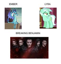Size: 750x786 | Tagged: safe, edit, edited screencap, editor:undeadponysoldier, screencap, lyra heartstrings, princess ember, dragon, human, pony, unicorn, g4, slice of life (episode), band, ben burnley, breaking benjamin, female, i see what you did there, irl, irl human, mare, mind blown, photo, simple background, song reference, white background