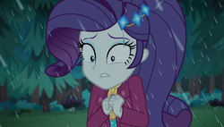 Size: 1903x1080 | Tagged: safe, screencap, rarity, equestria girls, equestria girls series, g4, inclement leather, spoiler:choose your own ending (season 2), spoiler:eqg series (season 2), clothes, female, jacket, marshmelodrama, outdoors, rain, rarity being rarity, sad, solo, suede jacket