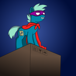 Size: 1000x1000 | Tagged: safe, artist:redquoz, earth pony, pony, cape, cardboard box, clothes, colt, crossover, disguise, fake cutie mark, grin, humongous entertainment, male, pajama sam, raised eyebrow, smiling, spotlight, video game crossover