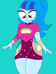 Size: 1932x2576 | Tagged: safe, artist:c_w, sonata dusk, equestria girls, equestria girls series, find the magic, g4, spoiler:eqg series (season 2), big breasts, breasts, busty sonata dusk, drool, female, jewelry, looking down, minidress, pendant, plump, smiling, solo, taco dress, thick, thighs, wide hips