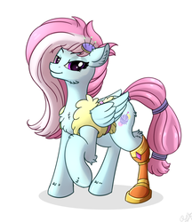 Size: 1250x1450 | Tagged: safe, artist:orangejuicerus, kerfuffle, pegasus, pony, g4, rainbow roadtrip, amputee, female, floppy ears, looking at you, mare, prosthetic leg, prosthetic limb, prosthetics, raised hoof, smiling, solo